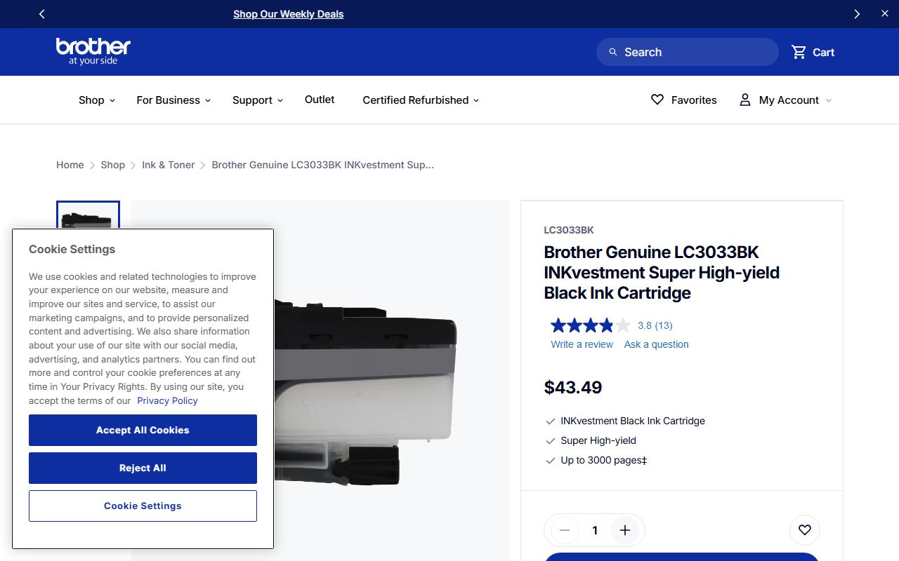 Brother LC3033BK ink cartridge page (3,000 pages, ISO/IEC 24711), captured October 13, 2026. Figures change; the live page is the source of truth.