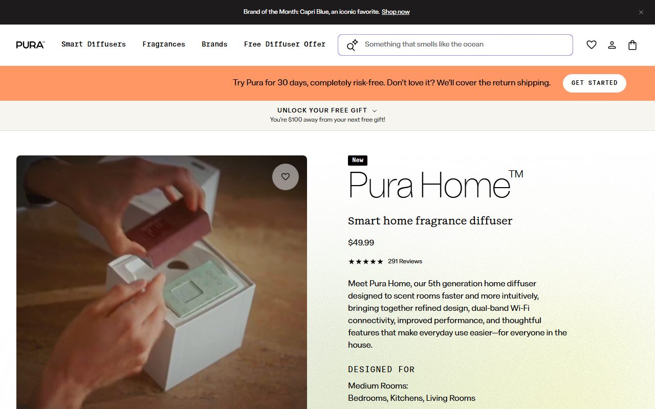 Pura Home v5 product page, captured October 9, 2026. Figures change; the live page is the source of truth.