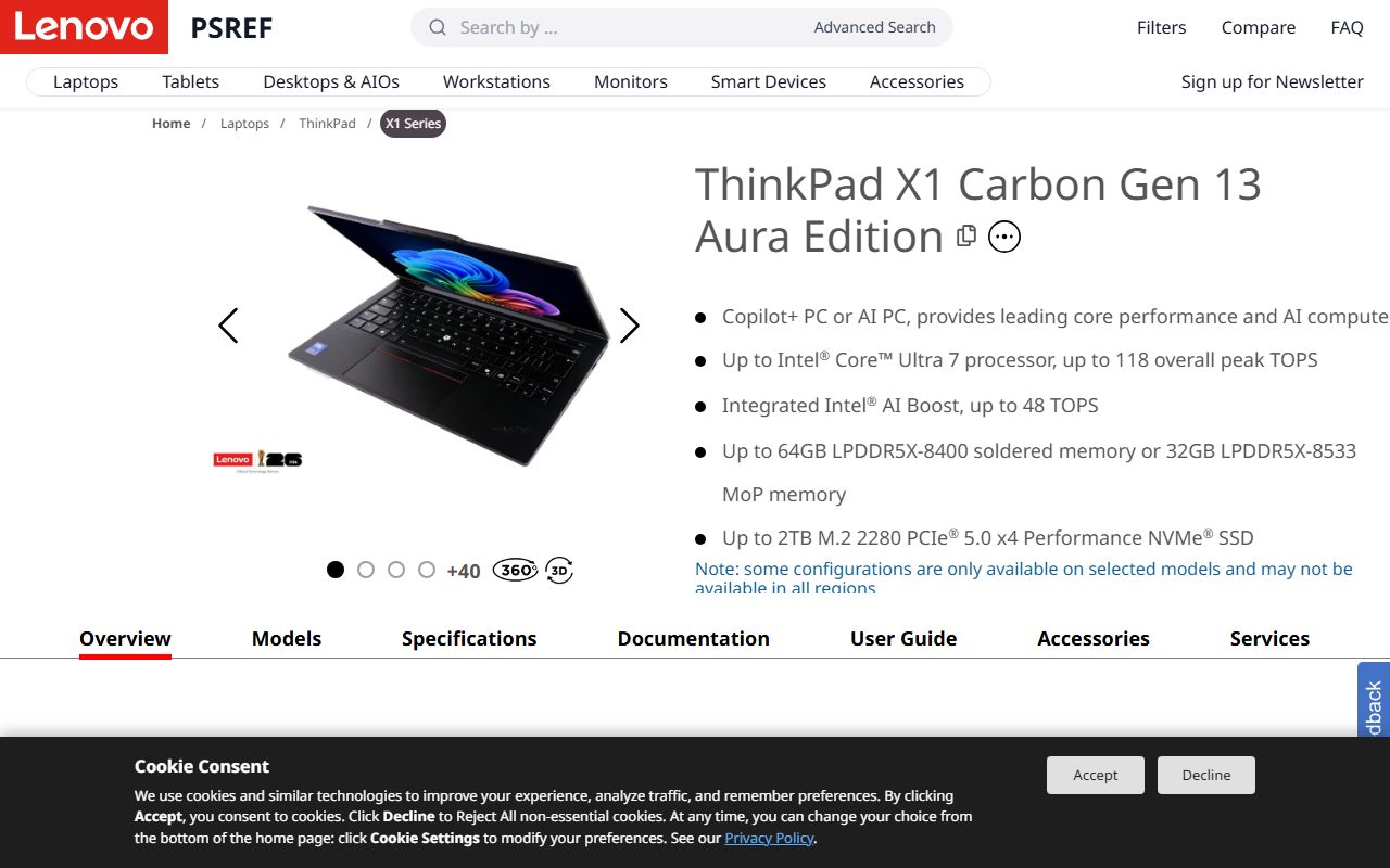 Lenovo PSREF, ThinkPad X1 Carbon Gen 13 Aura Edition product specifications, captured October 16, 2026. Figures change; the live page is the source of truth.