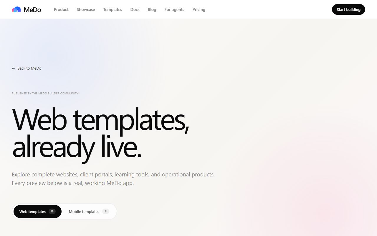 MeDo web templates page, captured October 22, 2026, showing 18 web templates and 6 mobile templates. Source: medo.dev/home/templates.