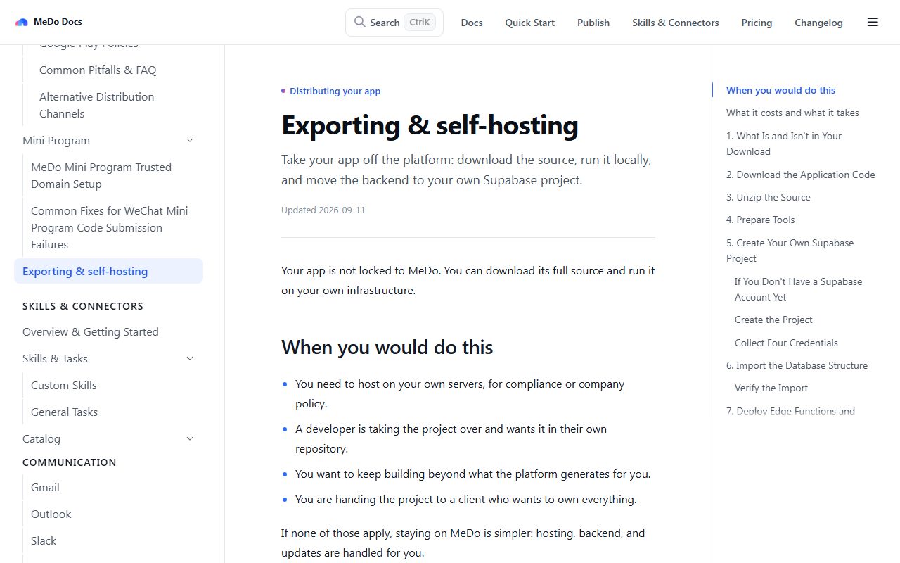 MeDo exporting and self-hosting documentation, captured October 22, 2026. The page is dated "Updated 2026-09-11" and covers moving the backend to your own Supabase project. Source: docs.medo.dev.