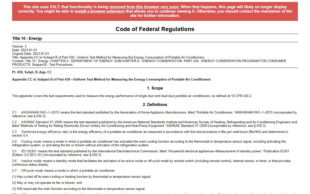 10 CFR part 430, subpart B, appendix CC - portable air conditioner test procedure, captured October 15, 2026. Figures change; the live page is the source of truth.