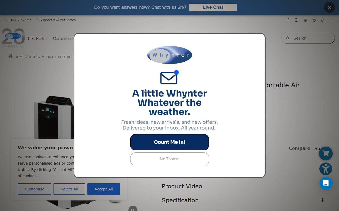 Whynter ARC-14S dual hose portable AC product page, captured October 15, 2026. Figures change; the live page is the source of truth.