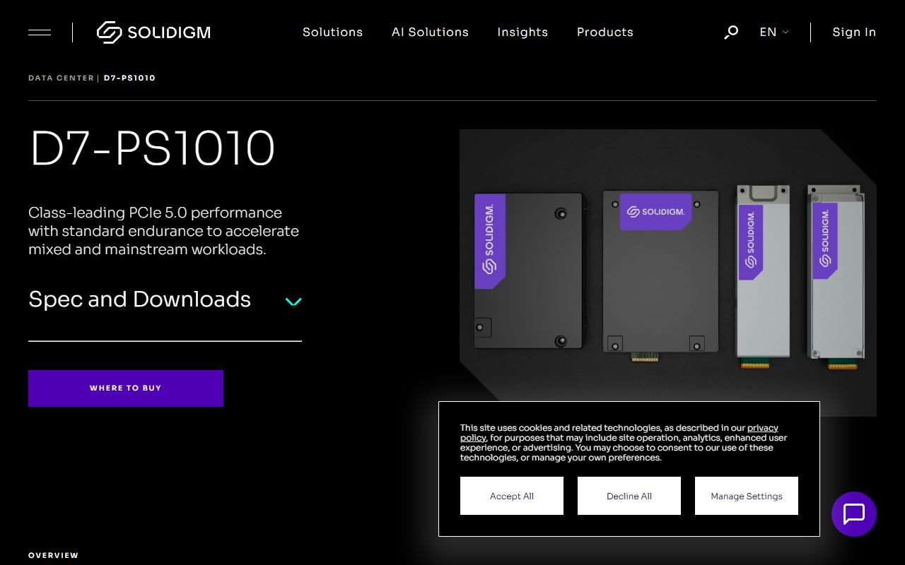 Solidigm D7-PS1010 specifications, captured October 20, 2026. Figures change; the live page is the source of truth.