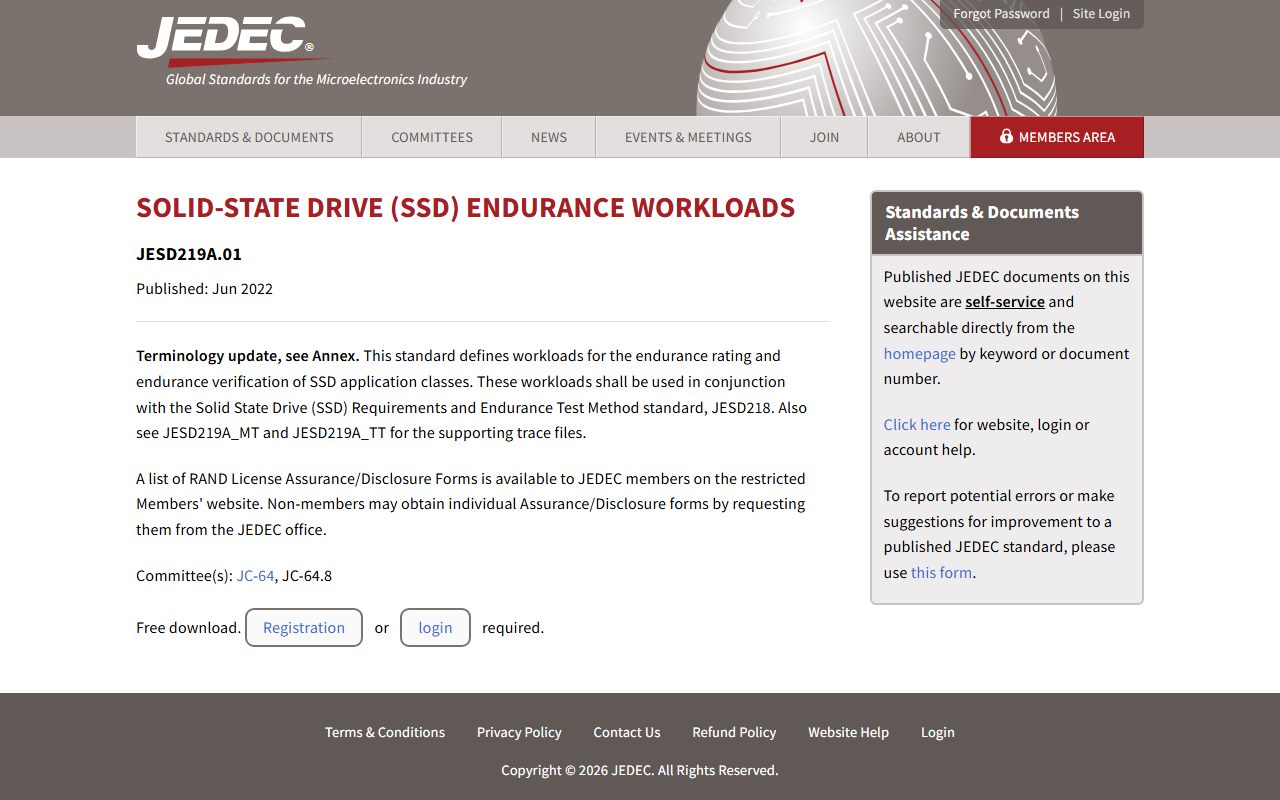 JEDEC JESD219A.01, Solid-State Drive (SSD) Endurance Workloads, captured October 20, 2026. Figures change; the live page is the source of truth.