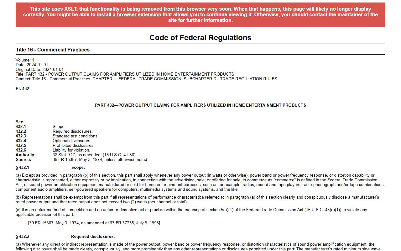 16 CFR part 432 - Power Output Claims for Amplifiers Utilized in Home Entertainment Products, captured October 24, 2026. Figures change; the live page is the source of truth.
