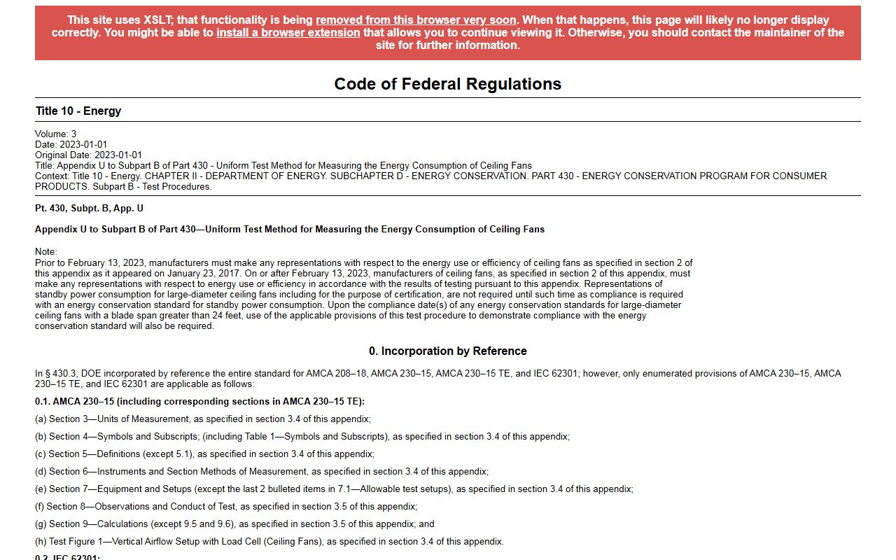 10 CFR part 430, subpart B, appendix U - uniform test method for measuring the energy consumption of ceiling fans, captured October 25, 2026. Figures change; the live page is the source of truth.