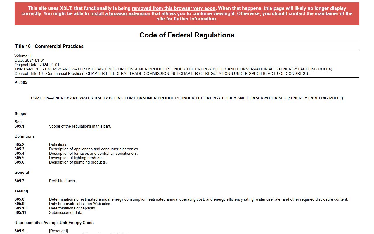 16 CFR part 305 - FTC appliance labeling rule, ceiling fan definitions and capacity, captured October 25, 2026. Figures change; the live page is the source of truth.