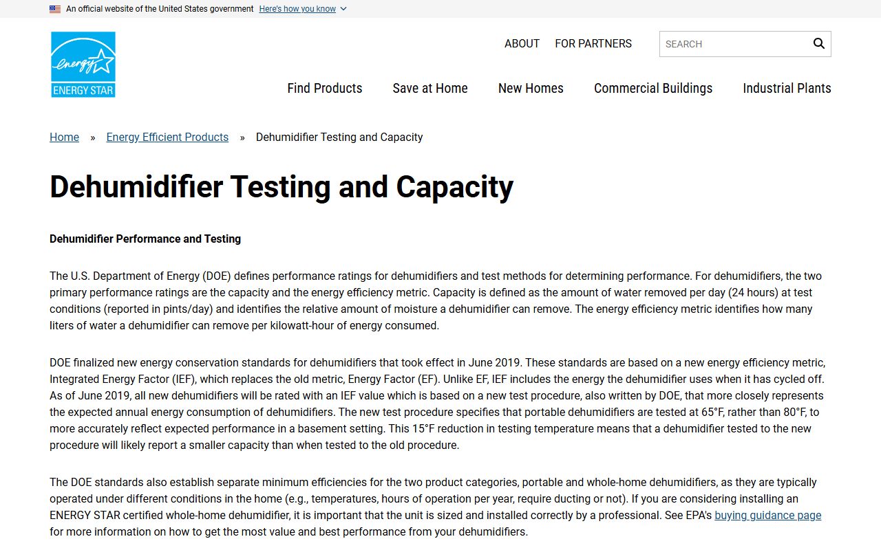 ENERGY STAR - dehumidifier testing and capacity (test change and conversion table), captured October 23, 2026. Figures change; the live page is the source of truth.