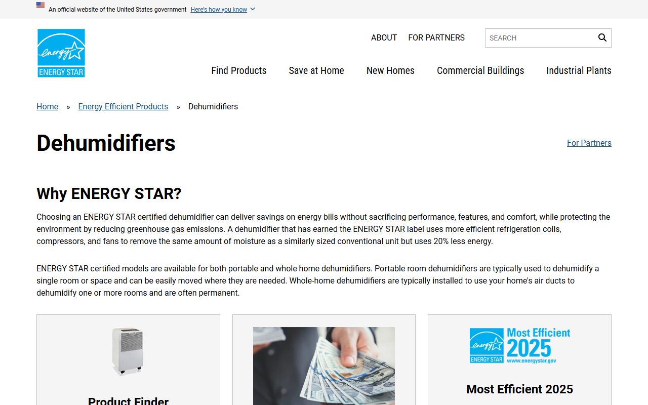 ENERGY STAR - dehumidifiers product page (sizing, IEF, frost warning), captured October 23, 2026. Figures change; the live page is the source of truth.
